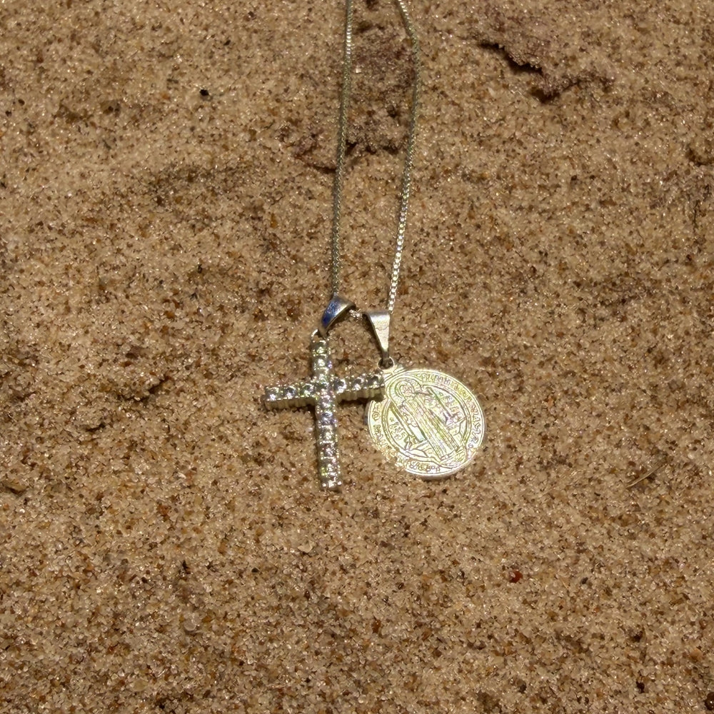 Conjunto veneziana com "Cruz cravejada + São bento" - Prata 925