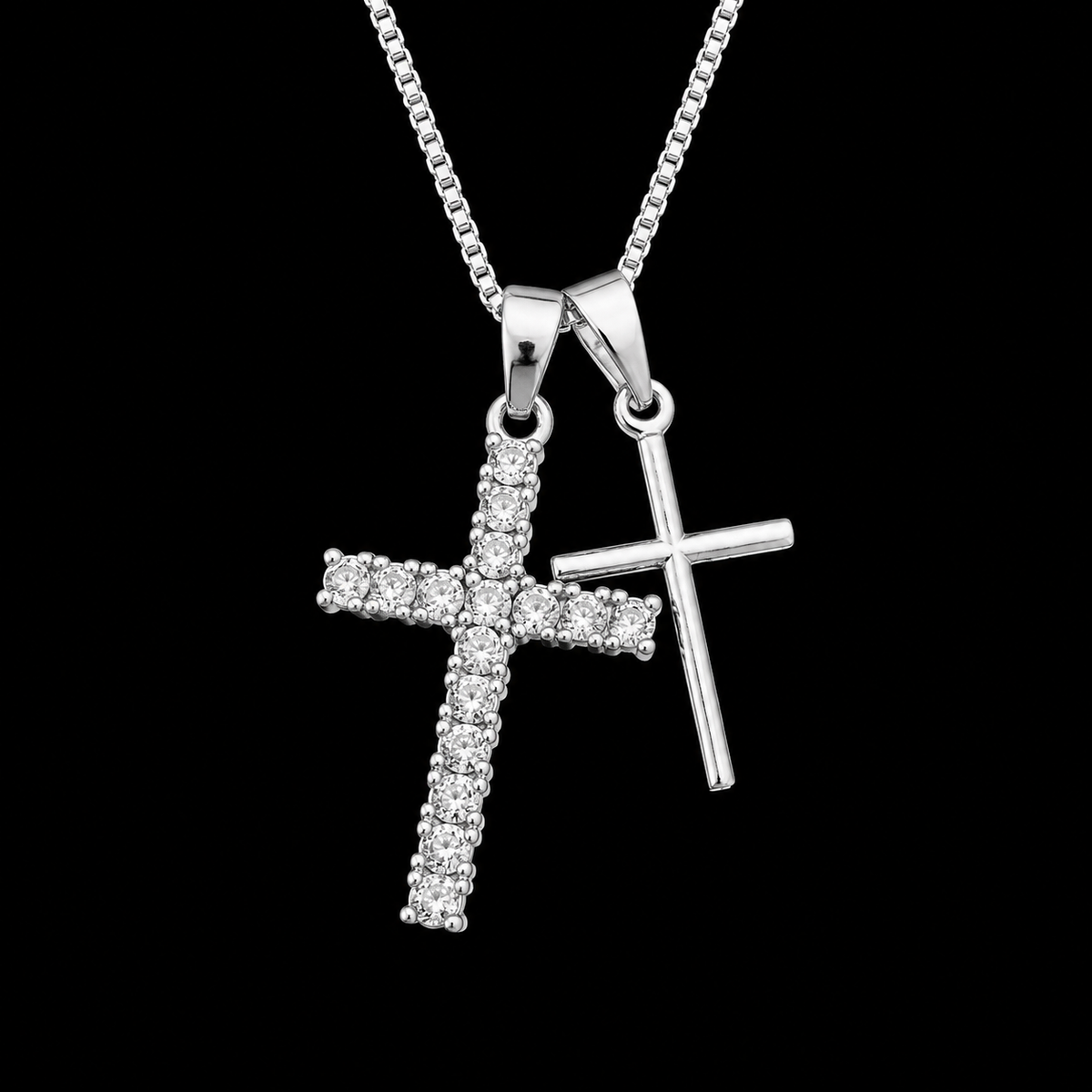 Conjunto Pingente Duplo (Cruz Cravejada + Cruz Lisa) - Prata 925