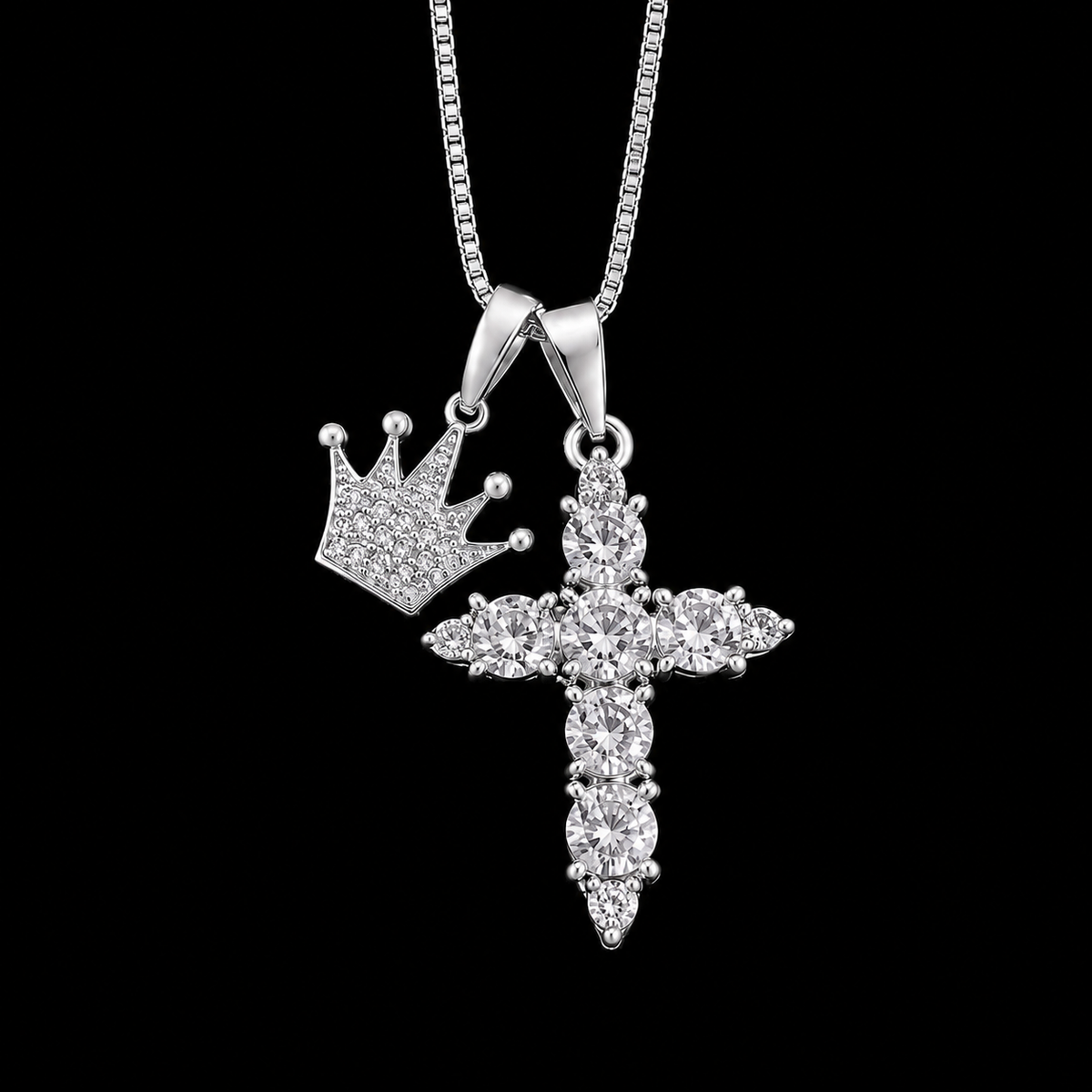 Conjunto Pingente Duplo (Cruz Zircônia + Coroa Cravejada) - Prata 925