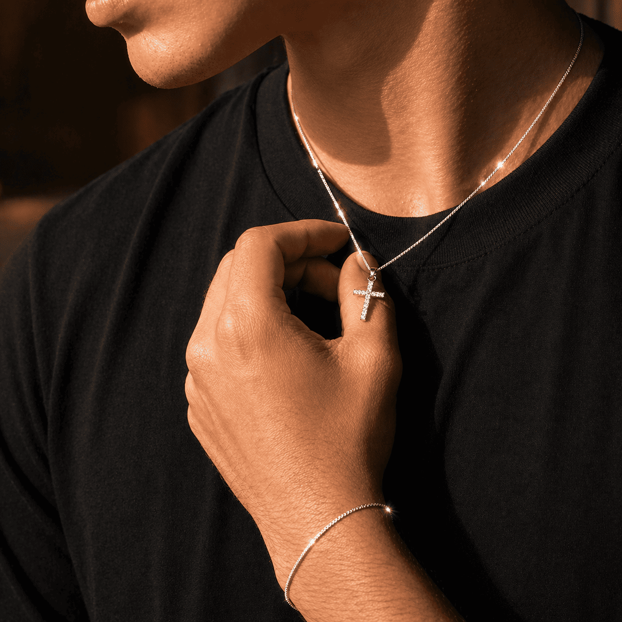 Conjunto Cruz Cravejada + Pulseira Grumet - Prata 925