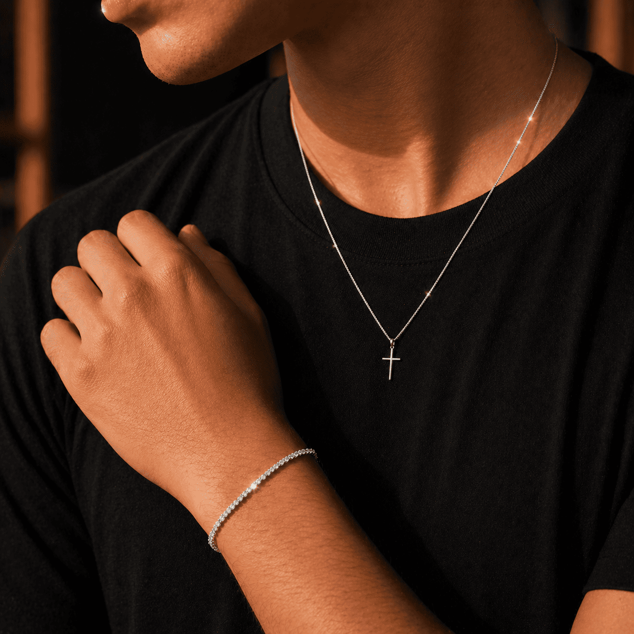 Conjunto Cruz Lisa + Pulseira Riviera - Prata 925