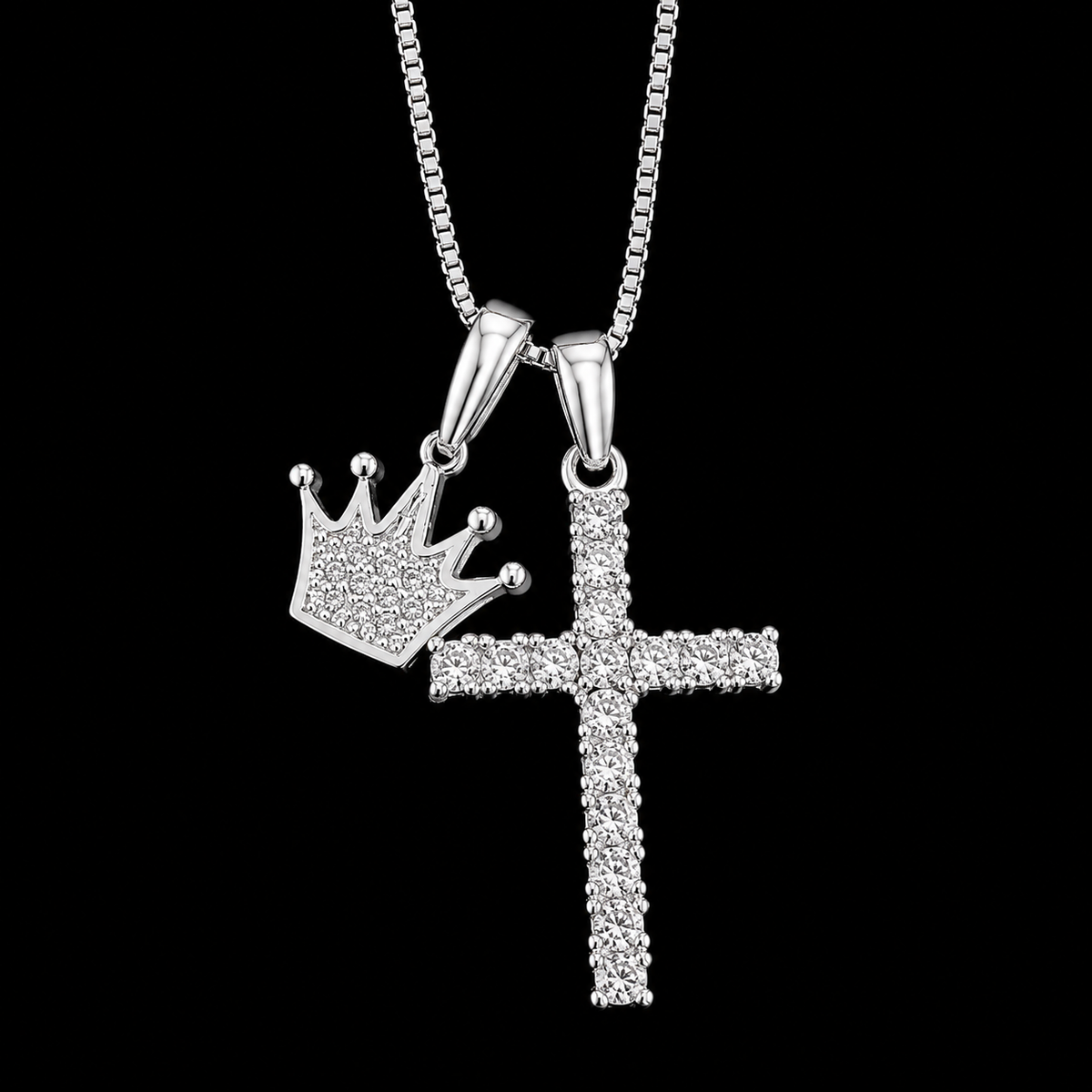 Conjunto Pingente Duplo (Cruz Cravejada + Coroa Cravejada) - Prata 925
