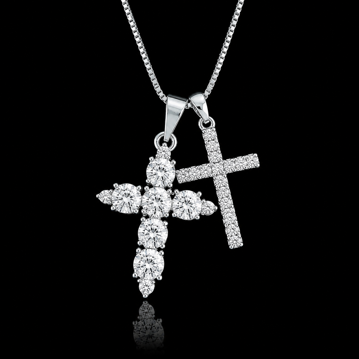 Conjunto Pingente Duplo (Cruz Zircônia + Cruz Cravejada) - Prata 925
