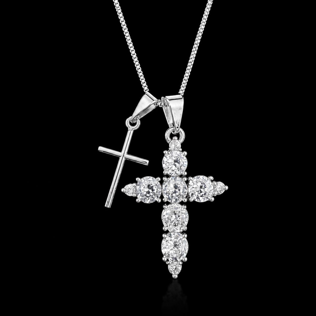 Conjunto Pingente Duplo (Cruz Zircônia + Cruz Lisa) - Prata 925