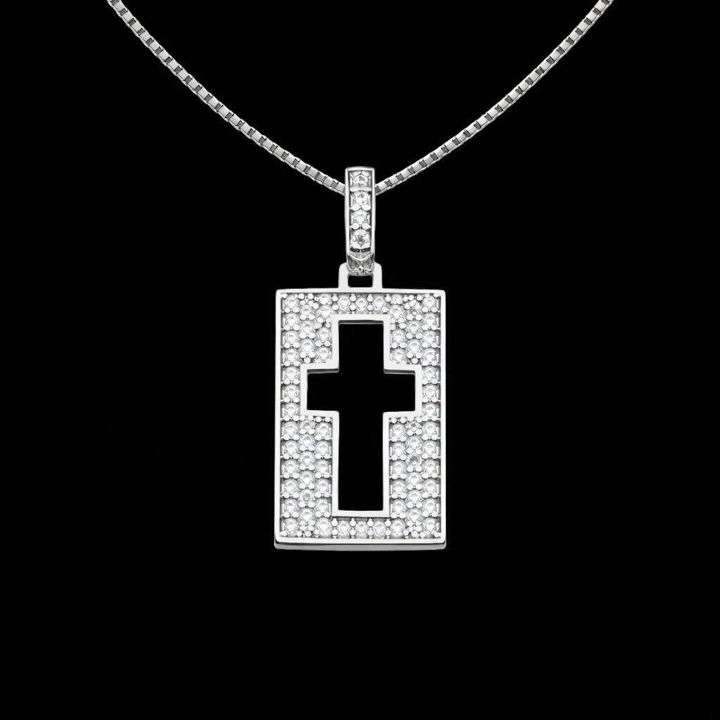Colar Placa Cruz Cravejada - Prata 925