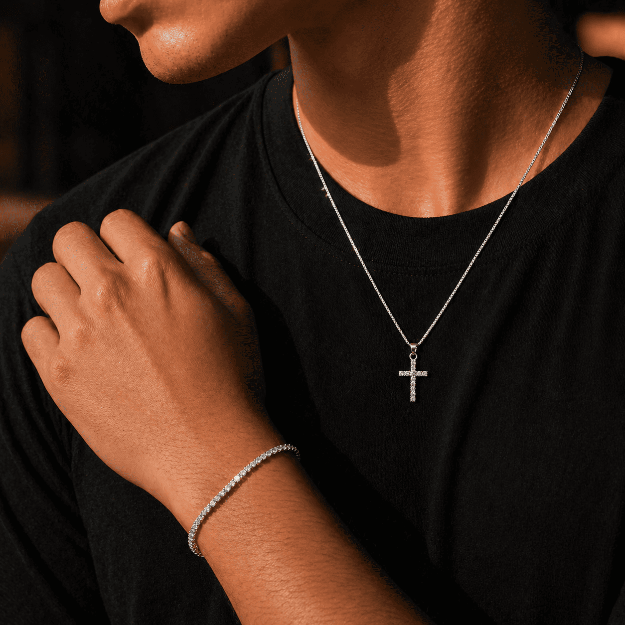 Conjunto Cruz Cravejada + Pulseira Riviera - Prata 925